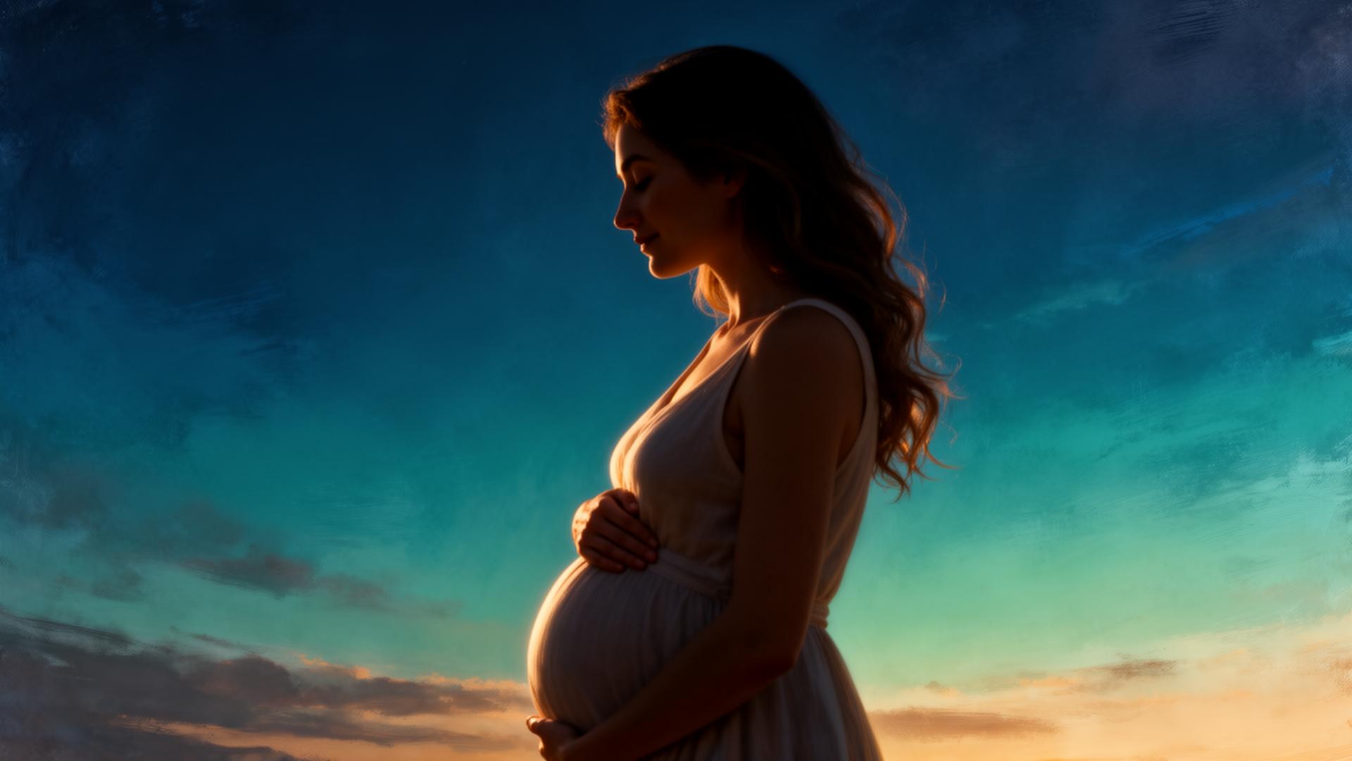 Expectant mother in profile against an ocean sky at dawn